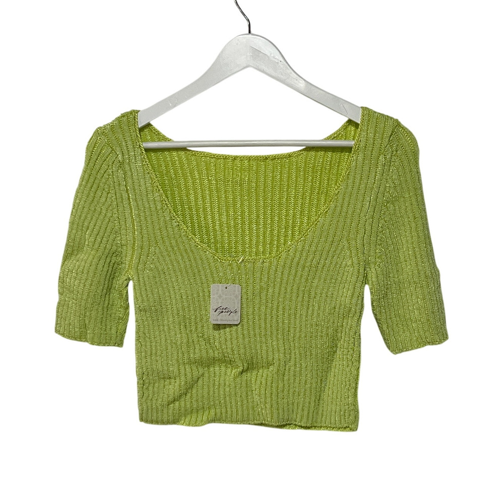FREE PEOPLE TOP WOMENS LARGE SAN LUCAS STRETCH KNIT CROP PULLOVER SWEATER GREEN - Picture 6 of 13